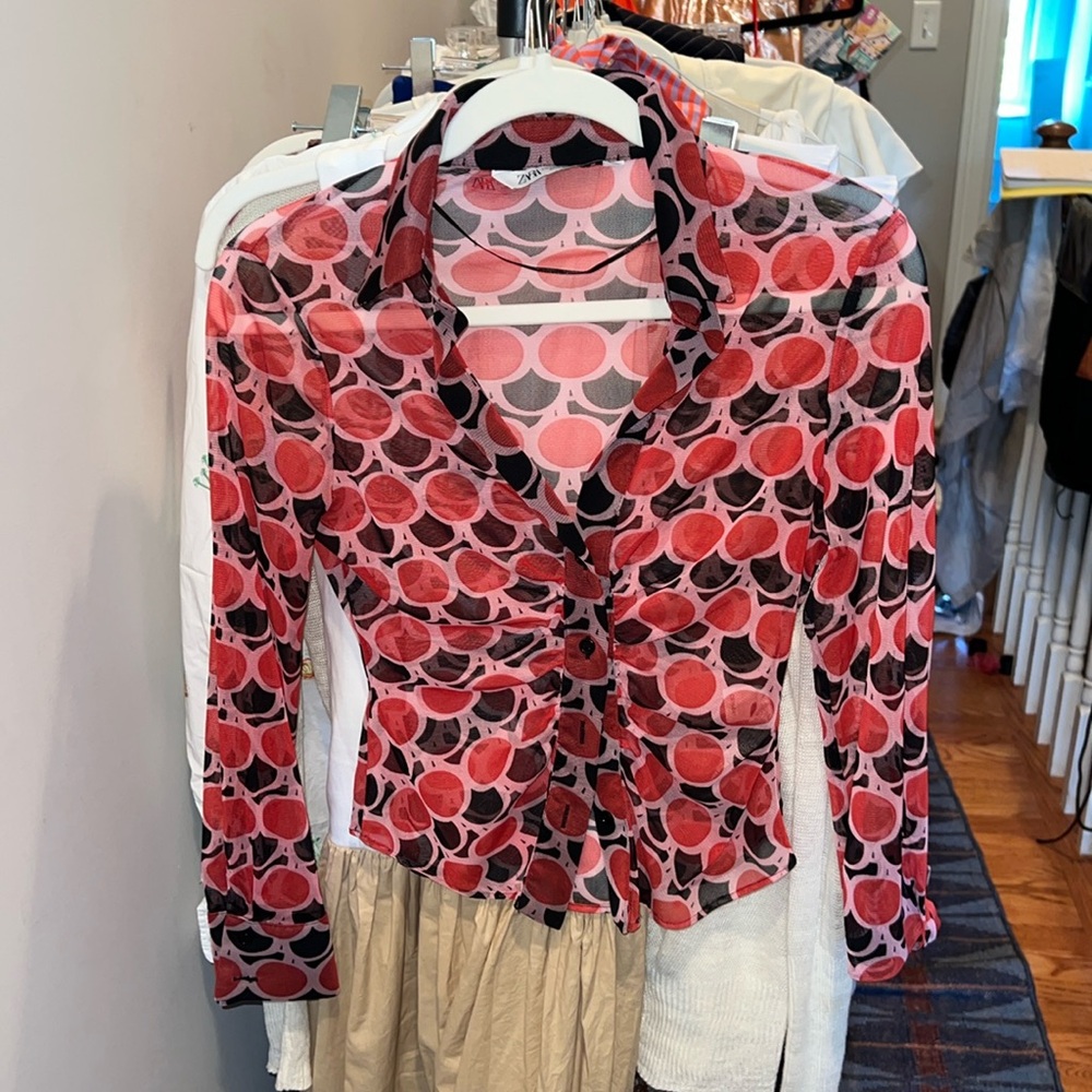 Mesh Geometric Patterned Zara Ruched Long Sleeve Top